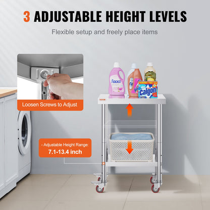 Rostfritt stål cateringbord 12x24 tums kommersiellt arbetsbord med 4 hjul kommersiell matlagningsarbetsbänk med flexibel justeringshylla för köksbord