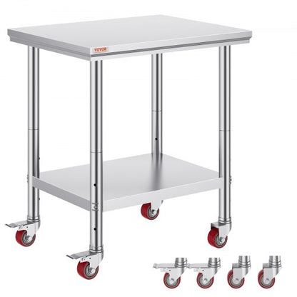 Rostfritt stål cateringbord 30x24 tums kommersiellt arbetsbord med 4 hjul kommersiell matlagningsarbetsbänk med flexibel justerbar hylla för köksbord