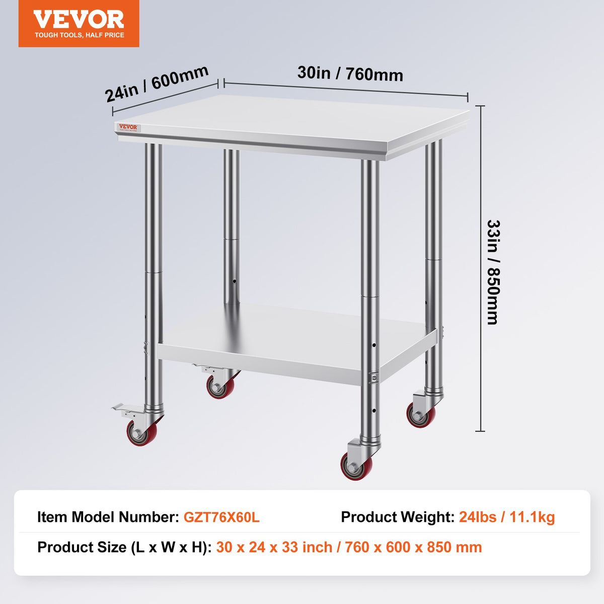 Rostfritt stål cateringbord 30x24 tums kommersiellt arbetsbord med 4 hjul kommersiell matlagningsarbetsbänk med flexibel justerbar hylla för köksbord