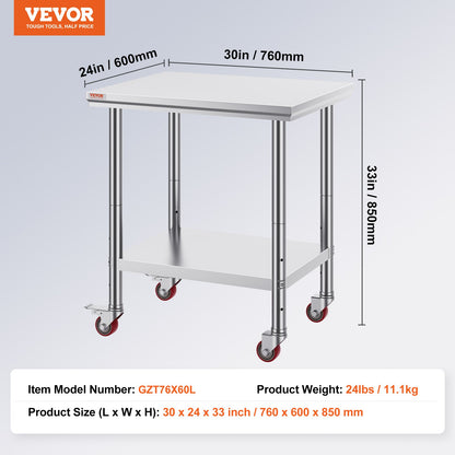 Rostfritt stål cateringbord 30x24 tums kommersiellt arbetsbord med 4 hjul kommersiell matlagningsarbetsbänk med flexibel justerbar hylla för köksbord