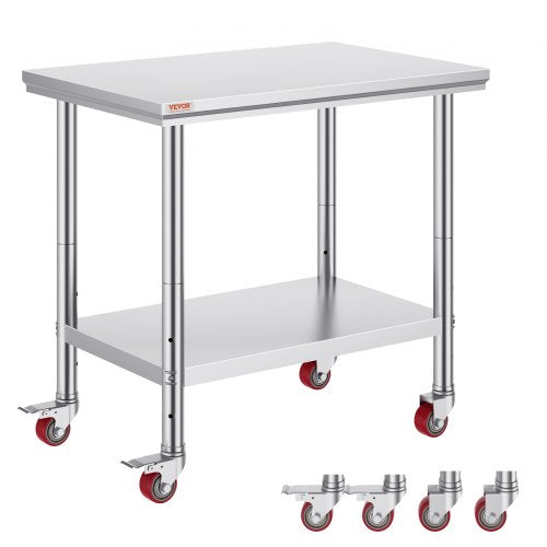 Rostfritt stål cateringbord 36x24 tums kommersiellt arbetsbord med 4 hjul kommersiell matlagningsarbetsbänk med flexibel justeringshylla för köksbord