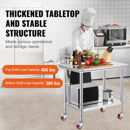 Rostfritt stål cateringbord 36x24 tums kommersiellt arbetsbord med 4 hjul kommersiell matlagningsarbetsbänk med flexibel justeringshylla för köksbord