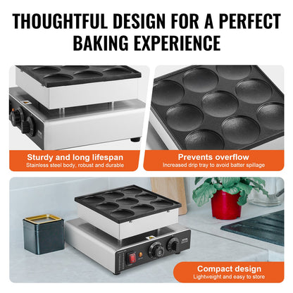 Holländsk pannkaksjärn, 9 delar 76 mm diameter Dorayaki-bagarmaskin, 850 W kommersiell elektrisk poffertjesgrill, non-stick rostfritt stål, temperatur- och tidskontroll, för hemmakök, restaurang, snackbar