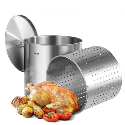 Rostfritt stålgryta, 100 liter stora kokkärl, kokkärl med sås och korg, lock och handtag, kraftig kommersiell gryta, slipbehandling, för stora sällskap och evenemang, silver
