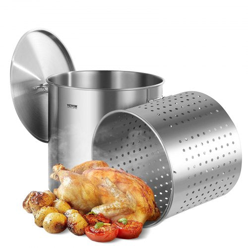 Rostfritt stålgryta, 100 liter stora kokkärl, kokkärl med sås och korg, lock och handtag, kraftig kommersiell gryta, slipbehandling, för stora sällskap och evenemang, silver