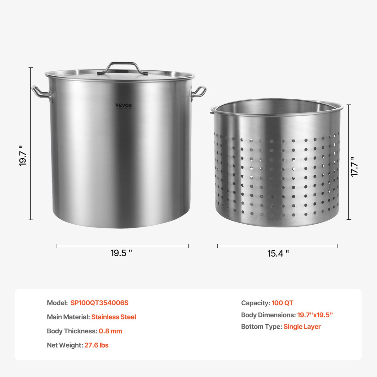 Rostfritt stålgryta, 100 liter stora kokkärl, kokkärl med sås och korg, lock och handtag, kraftig kommersiell gryta, slipbehandling, för stora sällskap och evenemang, silver