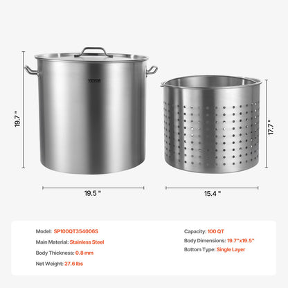Rostfritt stålgryta, 100 liter stora kokkärl, kokkärl med sås och korg, lock och handtag, kraftig kommersiell gryta, slipbehandling, för stora sällskap och evenemang, silver
