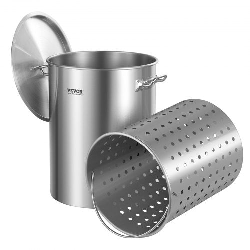 Rostfritt stålgryta, 36 liters kokkärl, kokkärl med sås och korg, lock och handtag, kraftig gryta av kommersiell kvalitet, slipbehandling, för ångkokning, kokning eller stekning, silver