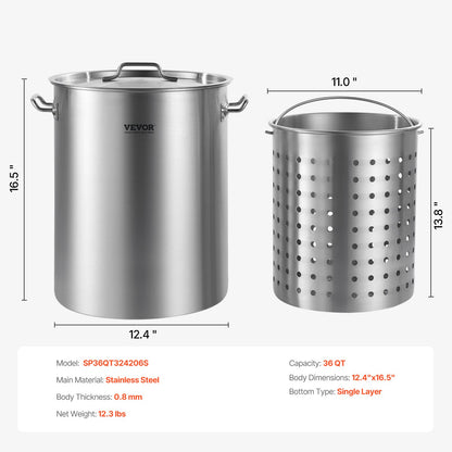 Rostfritt stålgryta, 36 liters kokkärl, kokkärl med sås och korg, lock och handtag, kraftig gryta av kommersiell kvalitet, slipbehandling, för ångkokning, kokning eller stekning, silver