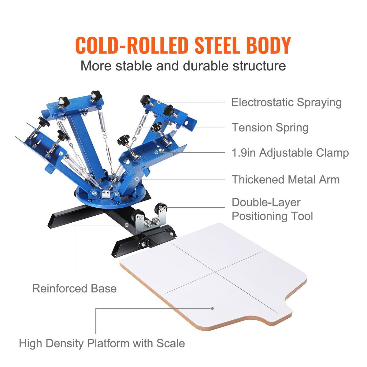 Screentrycksmaskin, 4 färger, 1 station, 360° roterbar silkscreentryckspress, 21,2x17,7 tum / 54x45 cm screentryckspress, dubbelskiktad positioneringspall för T-shirt DIY-tryck