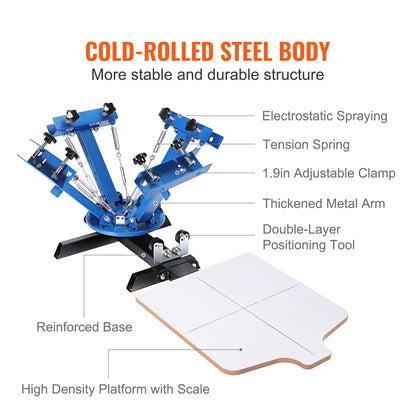 Screentrycksmaskin, 4 färger, 1 station, 360° roterbar silkscreentryckspress, 21,2x17,7 tum / 54x45 cm screentryckspress, dubbelskiktad positioneringspall för T-shirt DIY-tryck