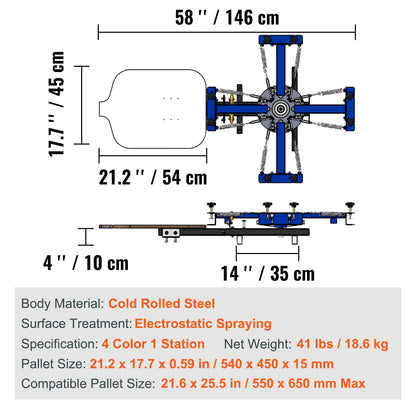 Screentrycksmaskin, 4 färger, 1 station, 360° roterbar silkscreentryckspress, 21,2x17,7 tum / 54x45 cm screentryckspress, dubbelskiktad positioneringspall för T-shirt DIY-tryck