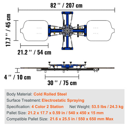 Screentrycksmaskin, 4-färgs 2-stations 360° roterbar silkscreentryckspress, 21,2x17,7 tum / 54x45 cm screentryckspress, dubbelskiktad positioneringspall för T-shirt DIY-tryck