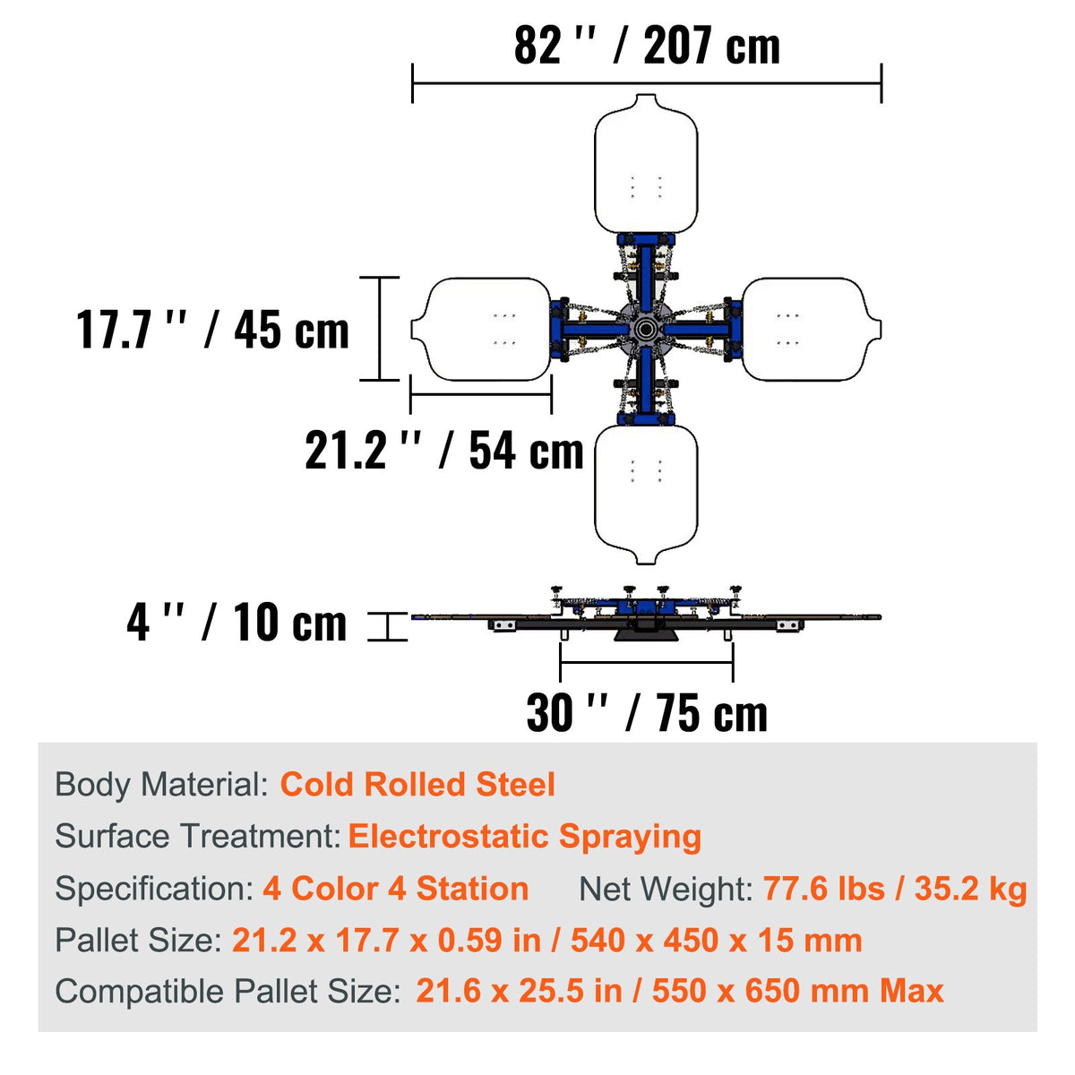 Screentrycksmaskin, 4 färger, 4 stationer, 360° roterbar silkscreentryckspress, 21,2x17,7 tum / 54x45 cm screentryckspress, dubbelskiktad positioneringspall för T-shirt DIY-tryck
