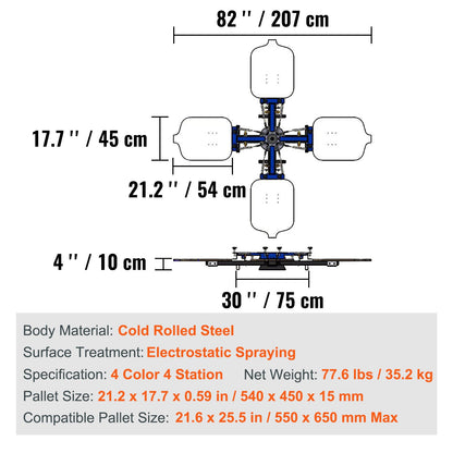 Screentrycksmaskin, 4 färger, 4 stationer, 360° roterbar silkscreentryckspress, 21,2x17,7 tum / 54x45 cm screentryckspress, dubbelskiktad positioneringspall för T-shirt DIY-tryck