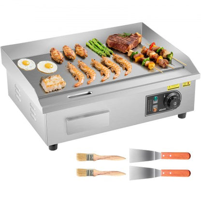 Kommersiell elektrisk stekpanna, 535 x 300 mm, 3200 W, 50-300 °C justerbar temperaturkontroll, rostfri bänkgrill med platt topp, 2 spatlar, 2 borstar och 4 fotplattor, för biff, pannkaka