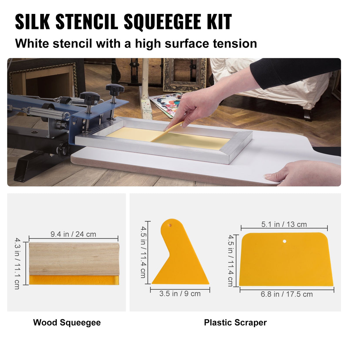 Screentryckssats, 2 delar aluminiumramar för silkscreentryck, 8x10/10x14 tum, 110-tums nät, 2 tejper och screentrycksskrapor och transparentfilm för t-shirts, gör-det-själv-tryck