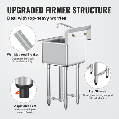 Stainless Steel Prep & Utility Sink, 1 Compartment Free Standing Small Sink Include Faucet & legs, 45.7 x 104.1 cm Commercial Single Bowl Sinks for Garage, Restaurant, Kitchen, Laundry, NSF Certified