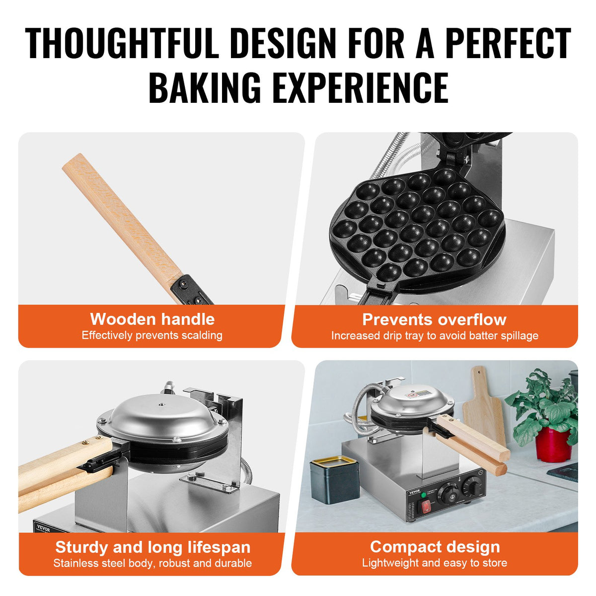 Kommersiell bubbelvåffeljärn, 1400W äggpannkaksmaskin, non-stick äggbubbelpuff i rostfritt stål, 180° roterbar, temperatur- och tidskontroll, trähandtag, för restaurangbageri och snackbar