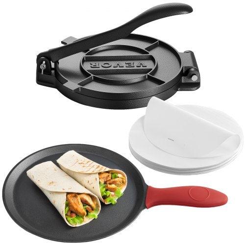 Tortillapress, 8-tums gjutjärnstortilla- och rotimaskin, kraftig tortilladorapress, pataconera-maskiner med handtag och 100 st bakplåtspapper, degtacopress för mjöltortilla, tawa