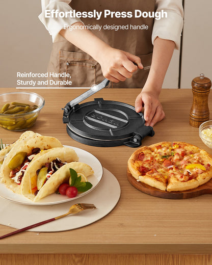 Tortillapress, 8-tums gjutjärnstortilla- och rotimaskin, kraftig tortilladorapress, pataconera-maskiner med handtag och 100 st bakplåtspapper, degtacopress för mjöltortilla, tawa