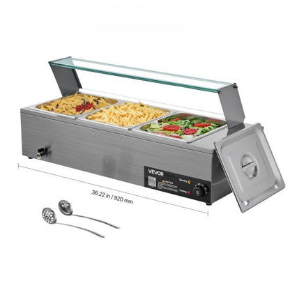 Kommersiell matvärmare, 1500W elektrisk ångvärmare i rostfritt stål med glaslock, 3-pannors bänkbuffé med vattenbad, soppa och perforerade slevar, för catering, restaurang och fest