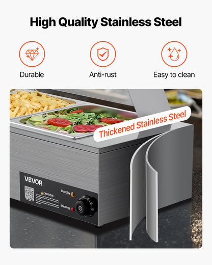 Kommersiell matvärmare, 1500W elektrisk ångvärmare i rostfritt stål med glaslock, 3-pannors bänkbuffé med vattenbad, soppa och perforerade slevar, för catering, restaurang och fest
