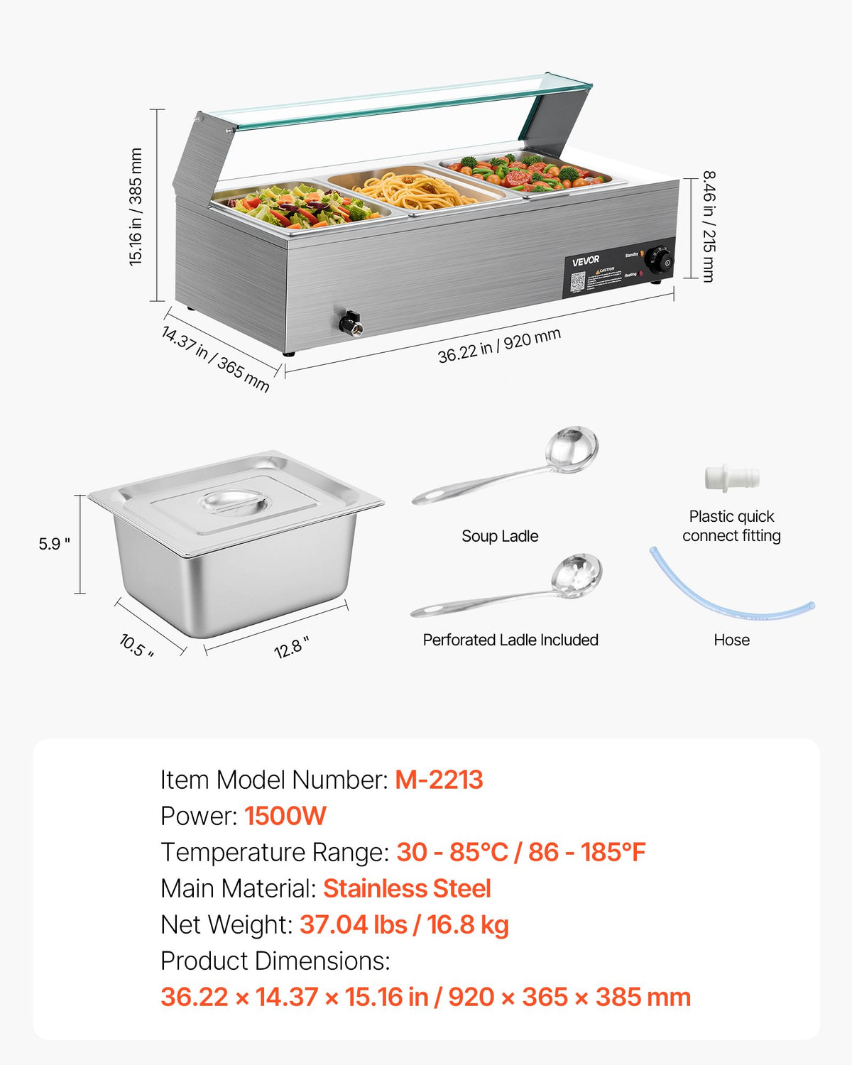 Kommersiell matvärmare, 1500W elektrisk ångvärmare i rostfritt stål med glaslock, 3-pannors bänkbuffé med vattenbad, soppa och perforerade slevar, för catering, restaurang och fest