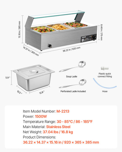 Kommersiell matvärmare, 1500W elektrisk ångvärmare i rostfritt stål med glaslock, 3-pannors bänkbuffé med vattenbad, soppa och perforerade slevar, för catering, restaurang och fest