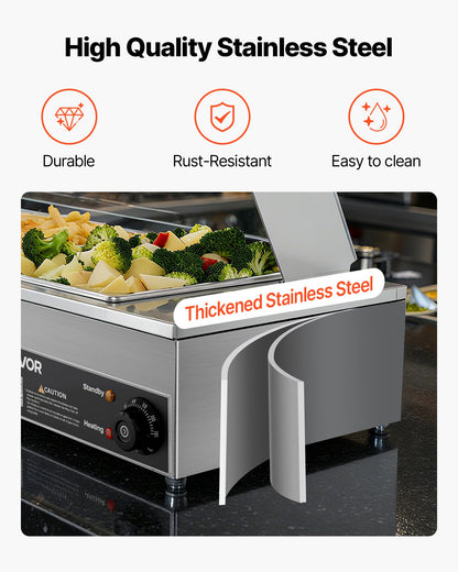 Commercial Food Warmer, 1500W Electric Stainless Steel Steam Food Warmer with Glass Cover, Countertop Buffet Bain Marie with Three 1/2 Size Food Pans, for Catering, Restaurant, Party & Buffets