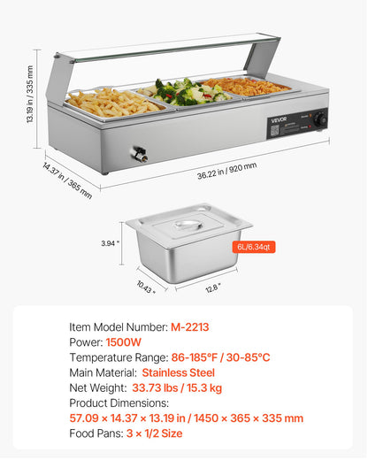 Commercial Food Warmer, 1500W Electric Stainless Steel Steam Food Warmer with Glass Cover, Countertop Buffet Bain Marie with Three 1/2 Size Food Pans, for Catering, Restaurant, Party & Buffets