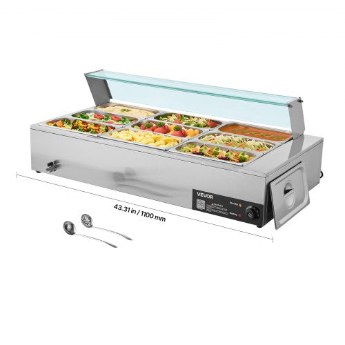 Kommersiell matvärmare, 1500W elektrisk ångvärmare i rostfritt stål med glaslock, 9-pannors bänkbuffé med bain-marie, soppa och perforerade slevar, för catering, restaurang och fest