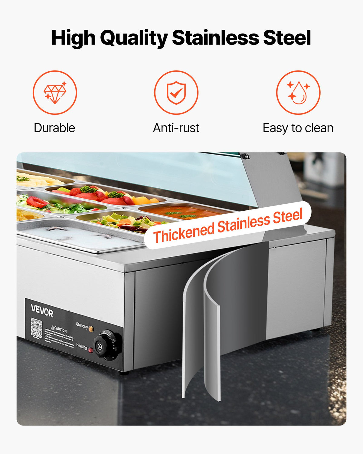 Kommersiell matvärmare, 1500W elektrisk ångvärmare i rostfritt stål med glaslock, 9-pannors bänkbuffé med bain-marie, soppa och perforerade slevar, för catering, restaurang och fest