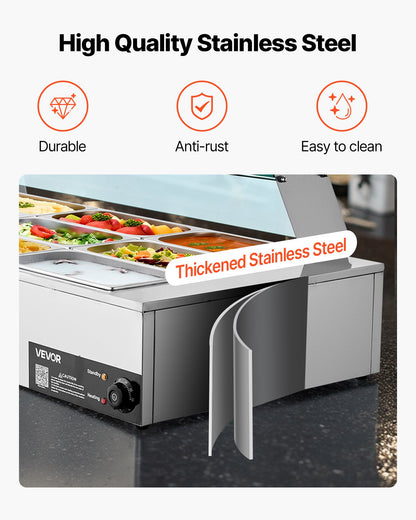 Kommersiell matvärmare, 1500W elektrisk ångvärmare i rostfritt stål med glaslock, 9-pannors bänkbuffé med bain-marie, soppa och perforerade slevar, för catering, restaurang och fest