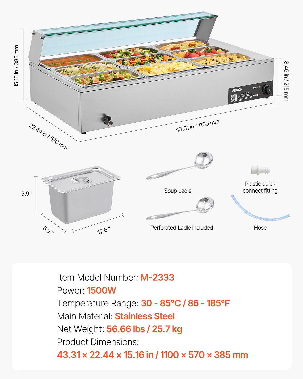 Kommersiell matvärmare, 1500W elektrisk ångvärmare i rostfritt stål med glaslock, 9-pannors bänkbuffé med bain-marie, soppa och perforerade slevar, för catering, restaurang och fest