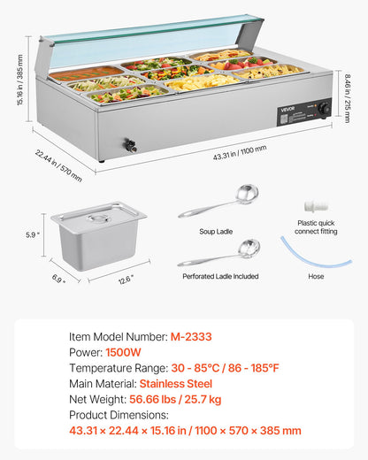 Kommersiell matvärmare, 1500W elektrisk ångvärmare i rostfritt stål med glaslock, 9-pannors bänkbuffé med bain-marie, soppa och perforerade slevar, för catering, restaurang och fest
