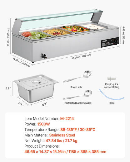 Kommersiell matvärmare, 1500W elektrisk ångvärmare i rostfritt stål med glaslock, bänkskiva med 4 bänkskivor, buffé med vattenbad, soppa och perforerade slevar, för catering, restaurang och fester