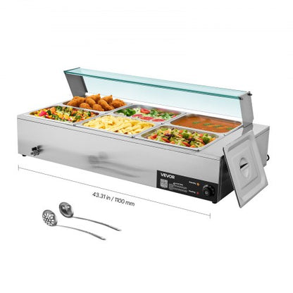Kommersiell matvärmare, 1500W elektrisk ångvärmare i rostfritt stål med glaslock, 6 x 1/2-pannor, buffé, bain-marie med soppa och perforerade slevar, för catering, restaurang och fest