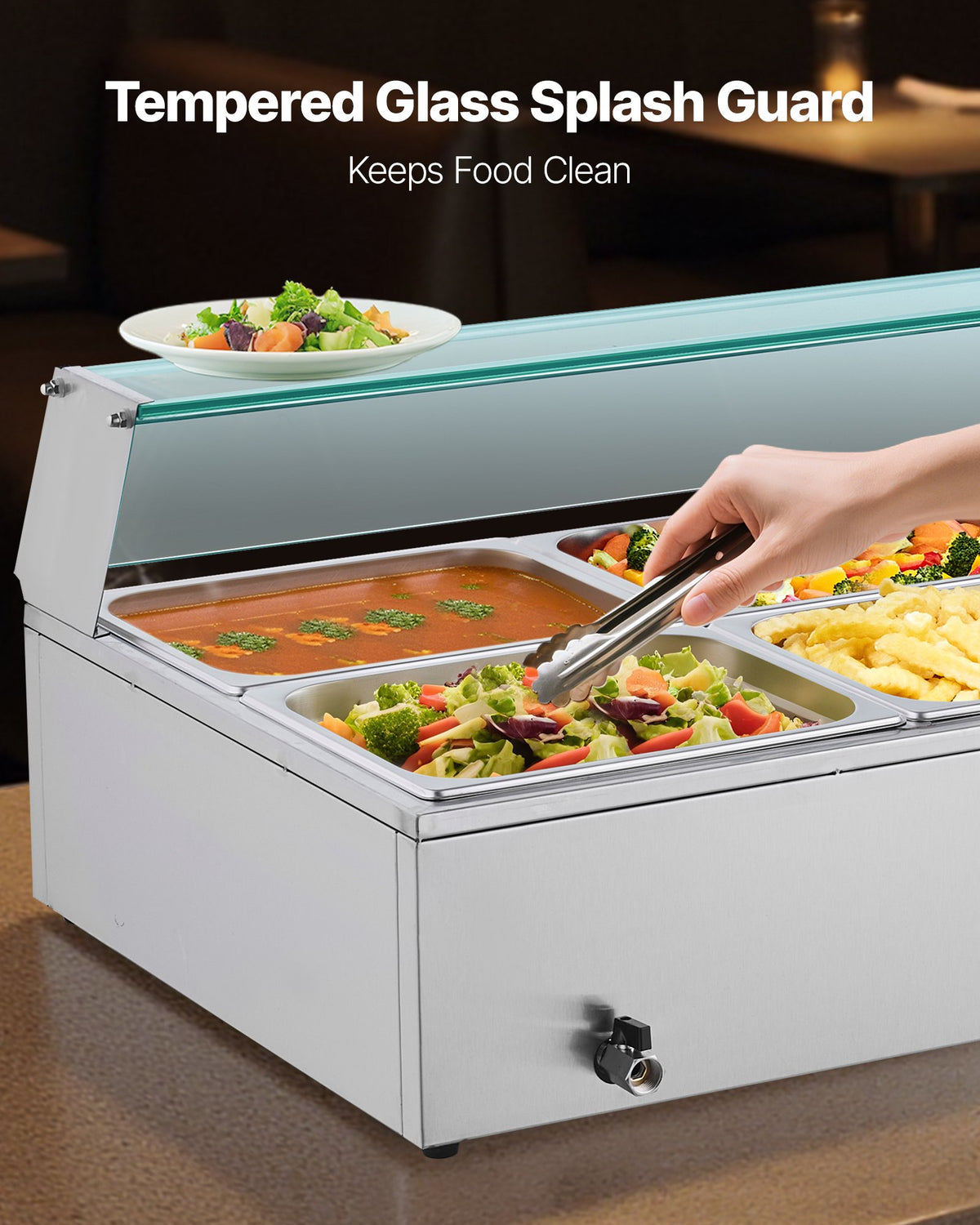 Kommersiell matvärmare, 1500W elektrisk ångvärmare i rostfritt stål med glaslock, 6 x 1/2-pannor, buffé, bain-marie med soppa och perforerade slevar, för catering, restaurang och fest