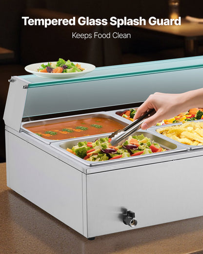 Kommersiell matvärmare, 1500W elektrisk ångvärmare i rostfritt stål med glaslock, 6 x 1/2-pannor, buffé, bain-marie med soppa och perforerade slevar, för catering, restaurang och fest