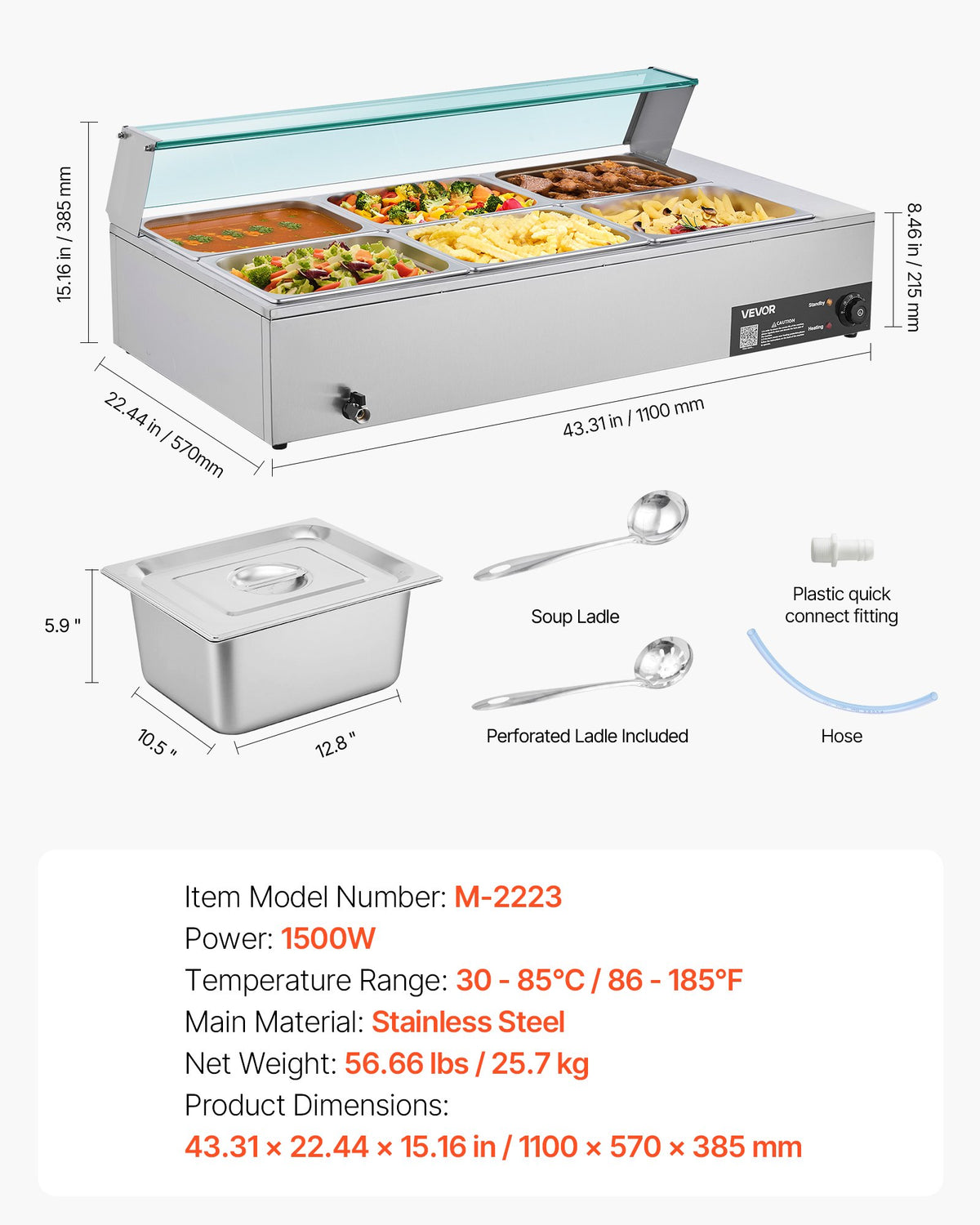 Kommersiell matvärmare, 1500W elektrisk ångvärmare i rostfritt stål med glaslock, 6 x 1/2-pannor, buffé, bain-marie med soppa och perforerade slevar, för catering, restaurang och fest