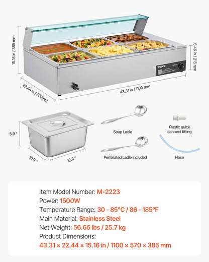 Kommersiell matvärmare, 1500W elektrisk ångvärmare i rostfritt stål med glaslock, 6 x 1/2-pannor, buffé, bain-marie med soppa och perforerade slevar, för catering, restaurang och fest