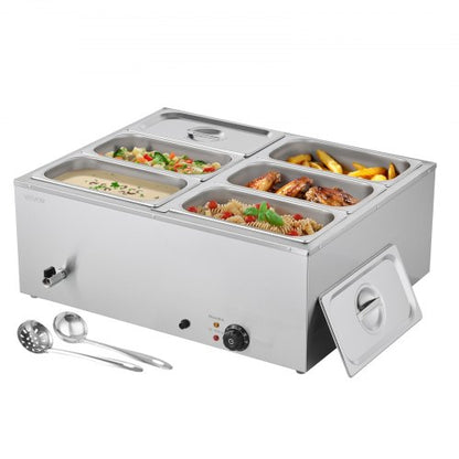 Kommersiell matvärmare, 1500W elektrisk ångvärmare i rostfritt stål med lock, 6-pannors snabbvärmande bänkbuffé med bain-marie, soppa och perforerade slevar, för catering, restaurang, fest