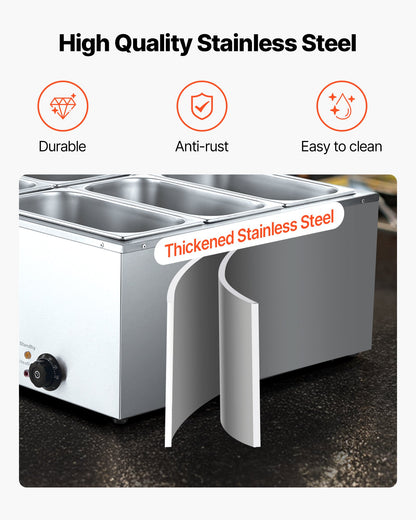 Kommersiell matvärmare, 1500W elektrisk ångvärmare i rostfritt stål med lock, 6-pannors snabbvärmande bänkbuffé med bain-marie, soppa och perforerade slevar, för catering, restaurang, fest
