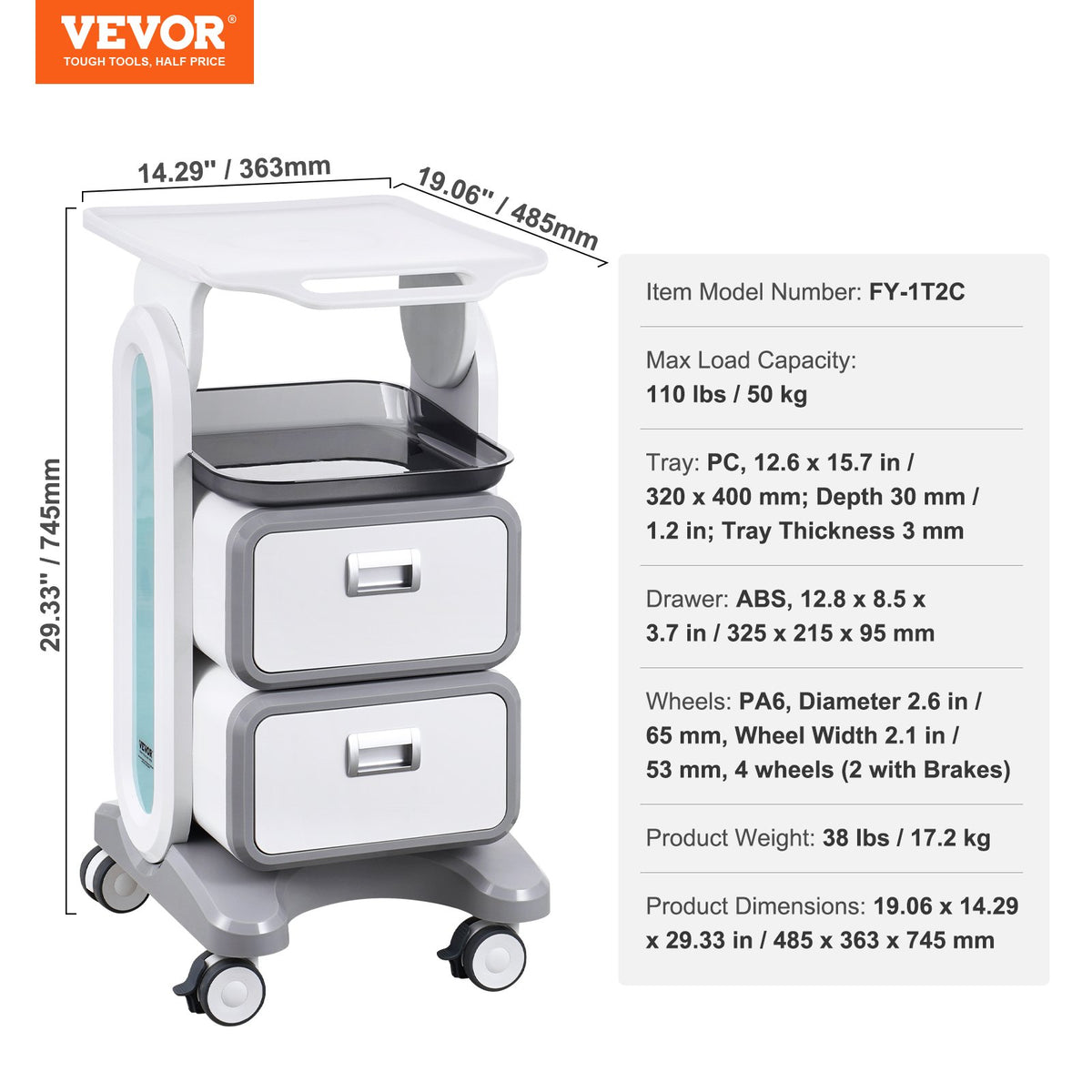 3-vånings laboratorievagnar, laboratorieutrustningsvagn med 2 lådor och 1 toppbricka, mobil medicinsk vagn med ABS-material, laboratorierullvagn med 4 tysta hjul för labb, klinik, sjukhus, salong, vit
