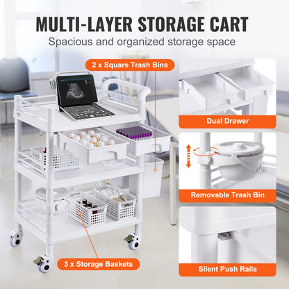 3-vånings labbvagnar, labbutrustningsvagn med 3 fack och 4 tysta hjul, mobil medicinsk vagn med PP-material, labbvagn med 3 soptunnor för labb, klinik, sjukhus, salong, vit