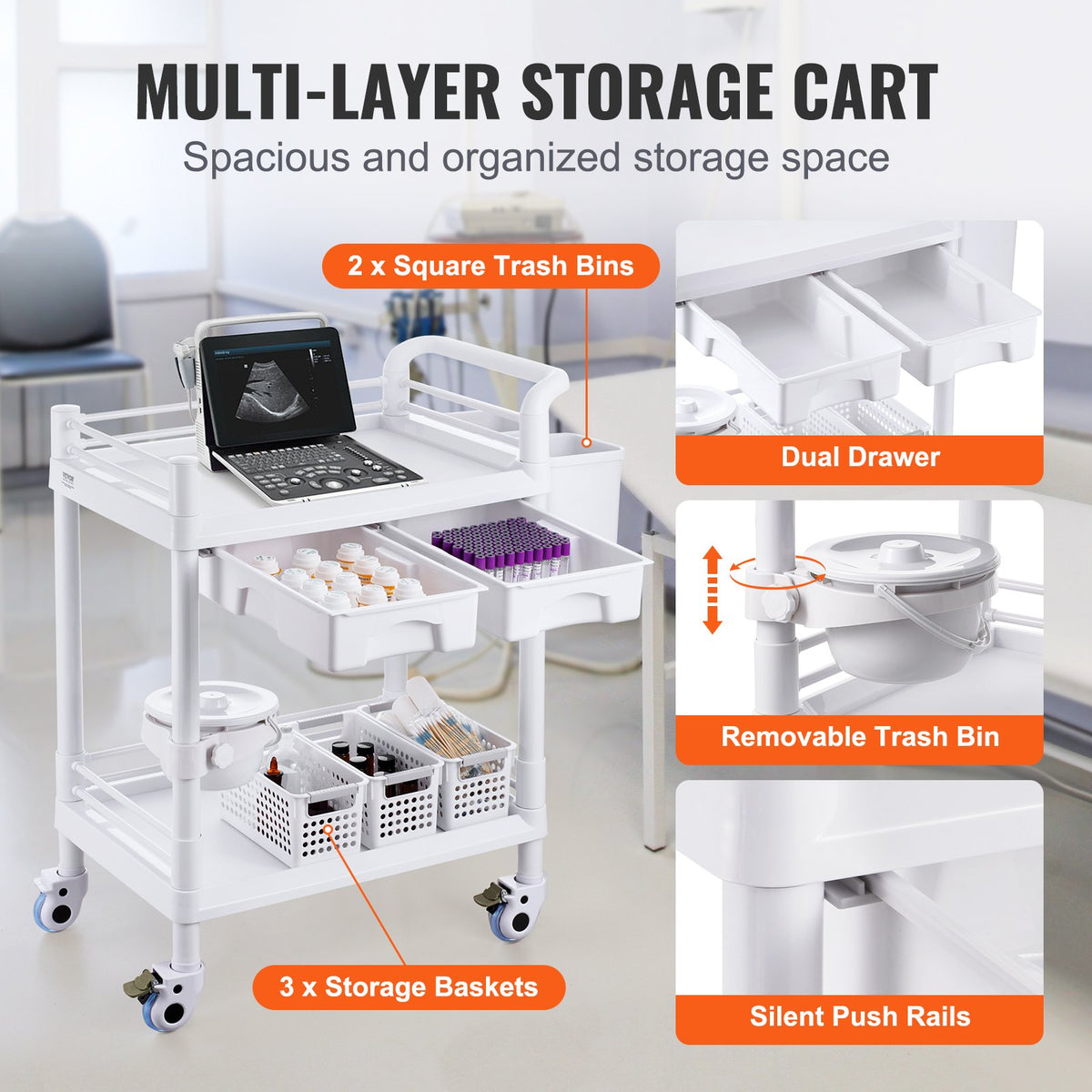 2-vånings labbvagnar, labbutrustningsvagn med 2 fack, 2 lådor och 4 tysta hjul, mobil medicinsk vagn med PP-material, labbvagn med 3 soptunnor för labb, klinik, sjukhus, salong, vit