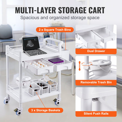 2-vånings labbvagnar, labbutrustningsvagn med 2 fack, 2 lådor och 4 tysta hjul, mobil medicinsk vagn med PP-material, labbvagn med 3 soptunnor för labb, klinik, sjukhus, salong, vit