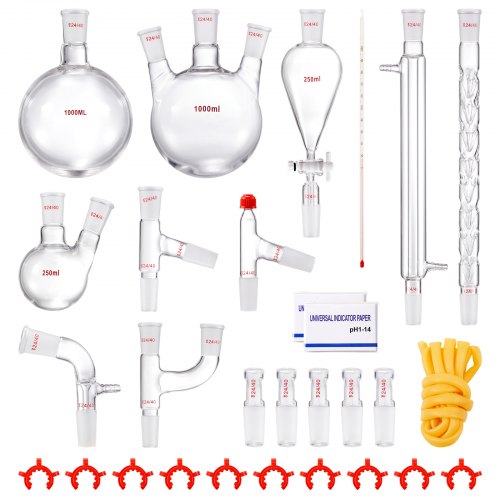 Labdestillationssats, 3,3 Boro labglasdestillationssats med 24, 40 leder, 1000 ml eterisk oljedestillationsapparat, 29 delar glasutrustning