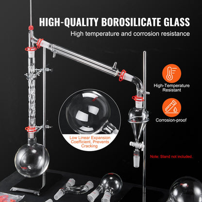 Labdestillationssats, 3,3 Boro labglasdestillationssats med 24, 40 leder, 1000 ml eterisk oljedestillationsapparat, 29 delar glasutrustning